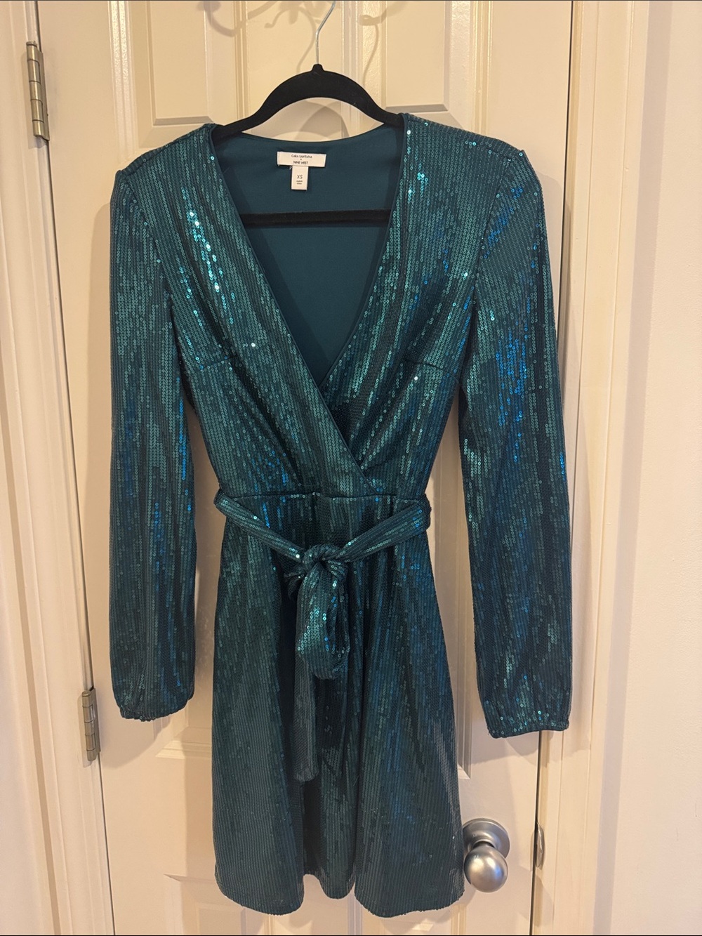 Nine West Teal Sequin Wrap Midi Dress with Tie